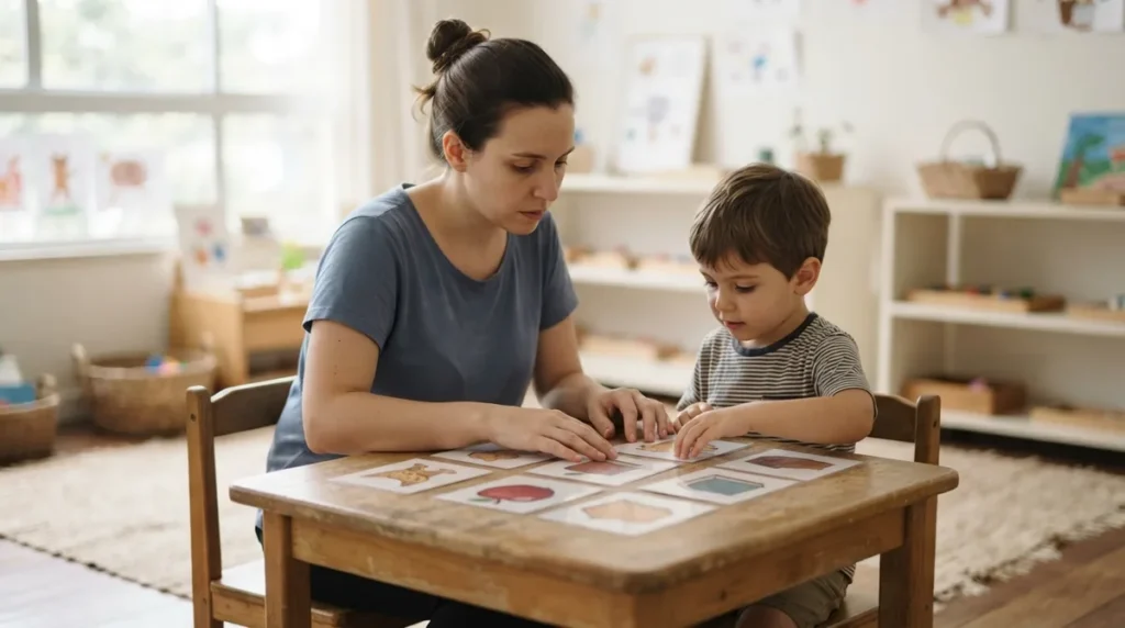 Professora de educação infantil observando de perto uma criança pequena durante atividade de identificação de sons de palavras em sala de aula iluminada naturalmente.