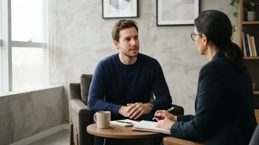 Homem brasileiro de cabelo castanho sentado em sala de avaliação clínica, conversando com psicólogo sobre tratamento residencial para dependência química.